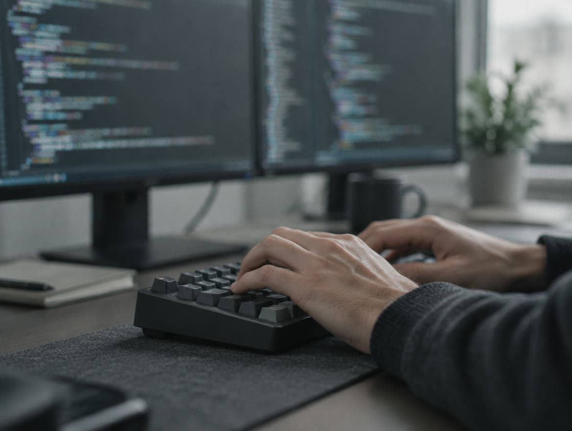 Hände auf einer Tastatur vor zwei Monitoren mit Quellcode