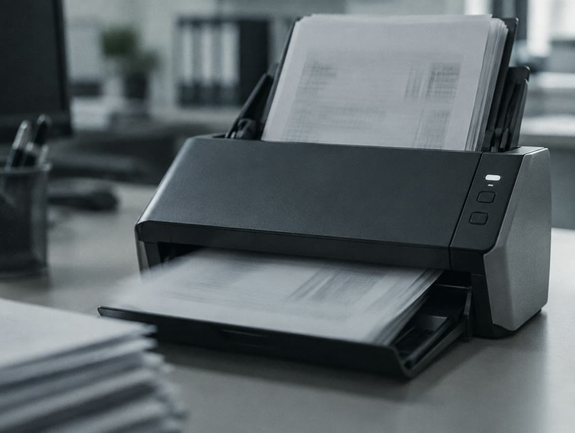 Dokumentenscanner, der einen Stapel Rechnungen einzieht