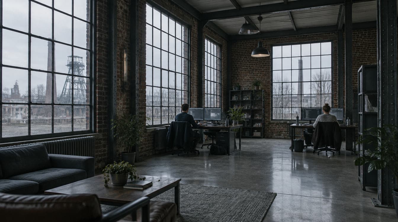 Software-Studio in einer alten Industriehalle mit Blick auf einen Förderturm