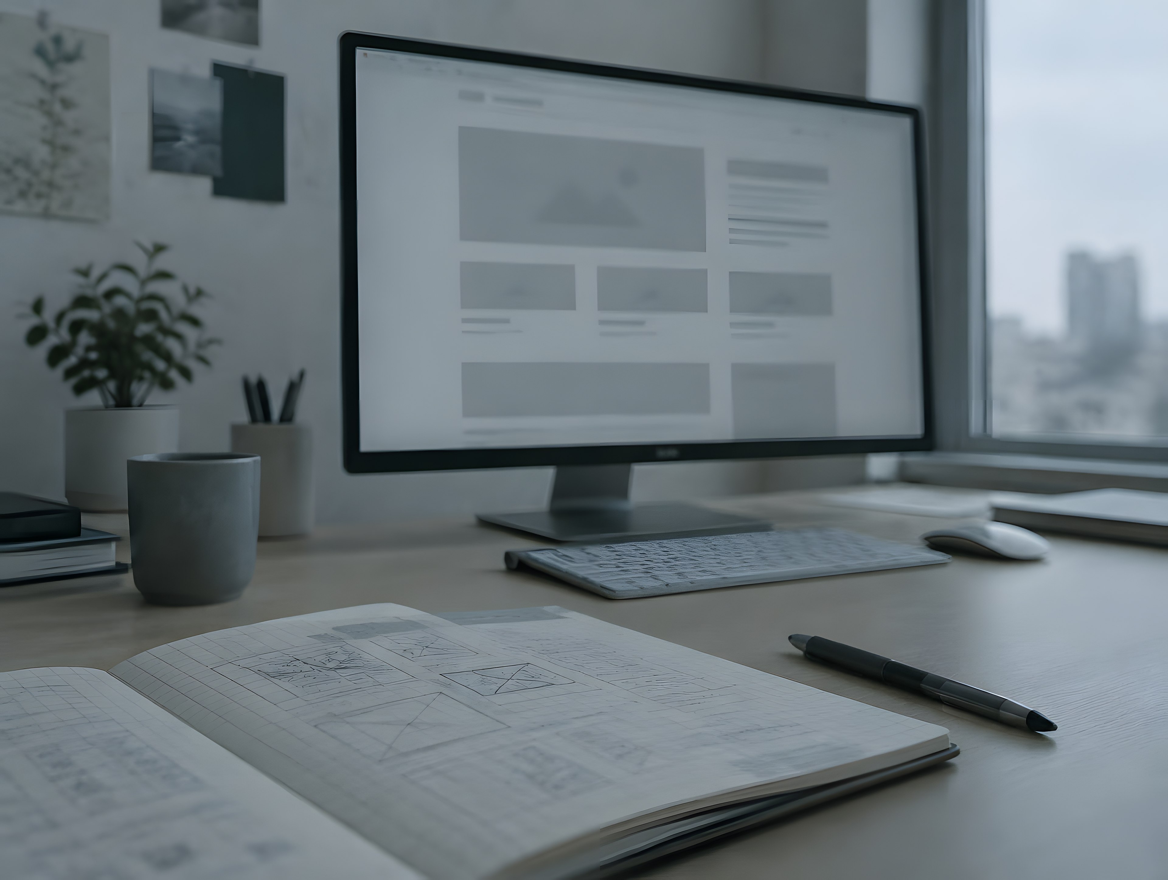 Bildschirm mit einem Website-Entwurf und Skizzenbuch