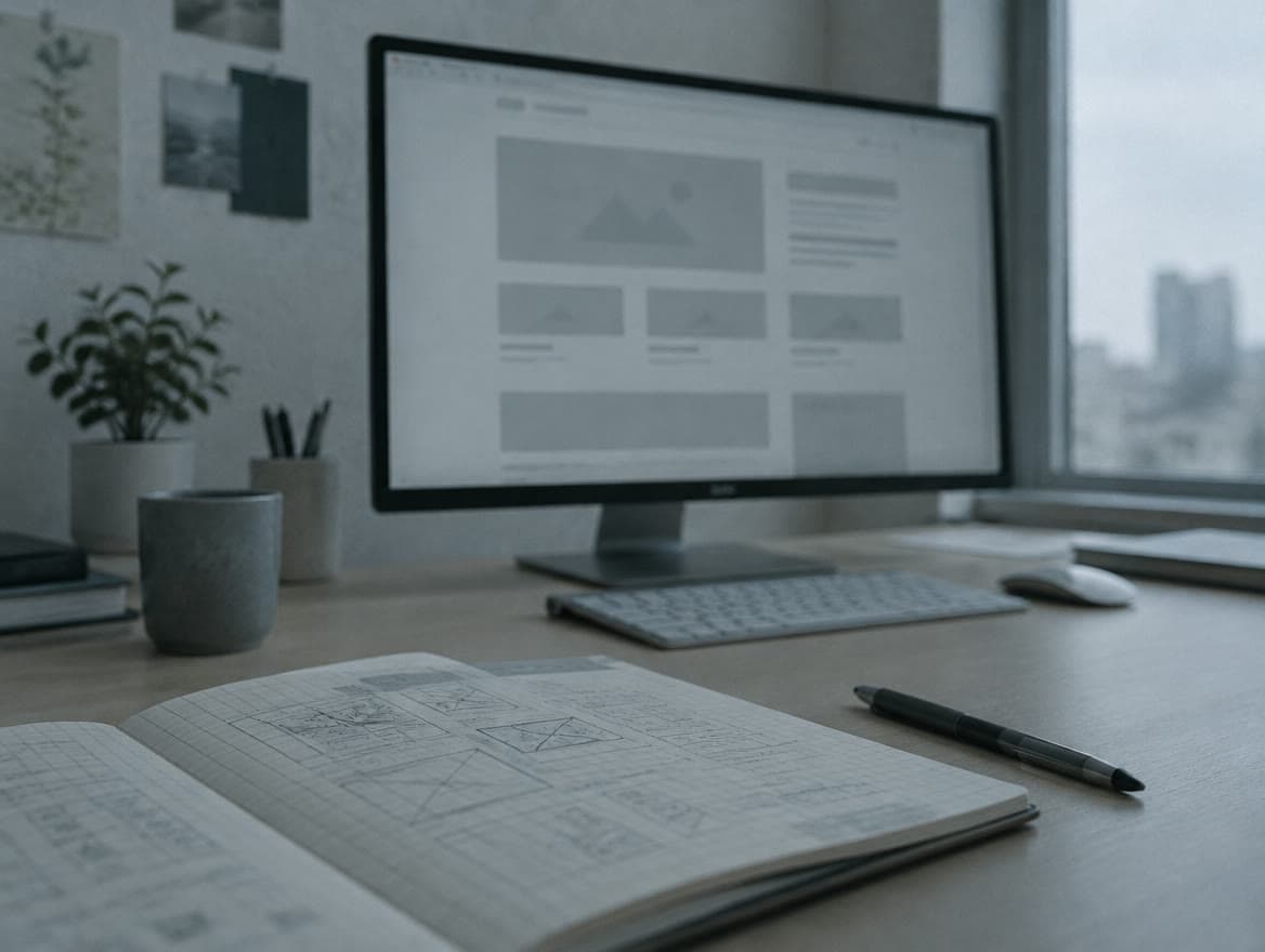 Bildschirm mit einem Website-Entwurf und Skizzenbuch
