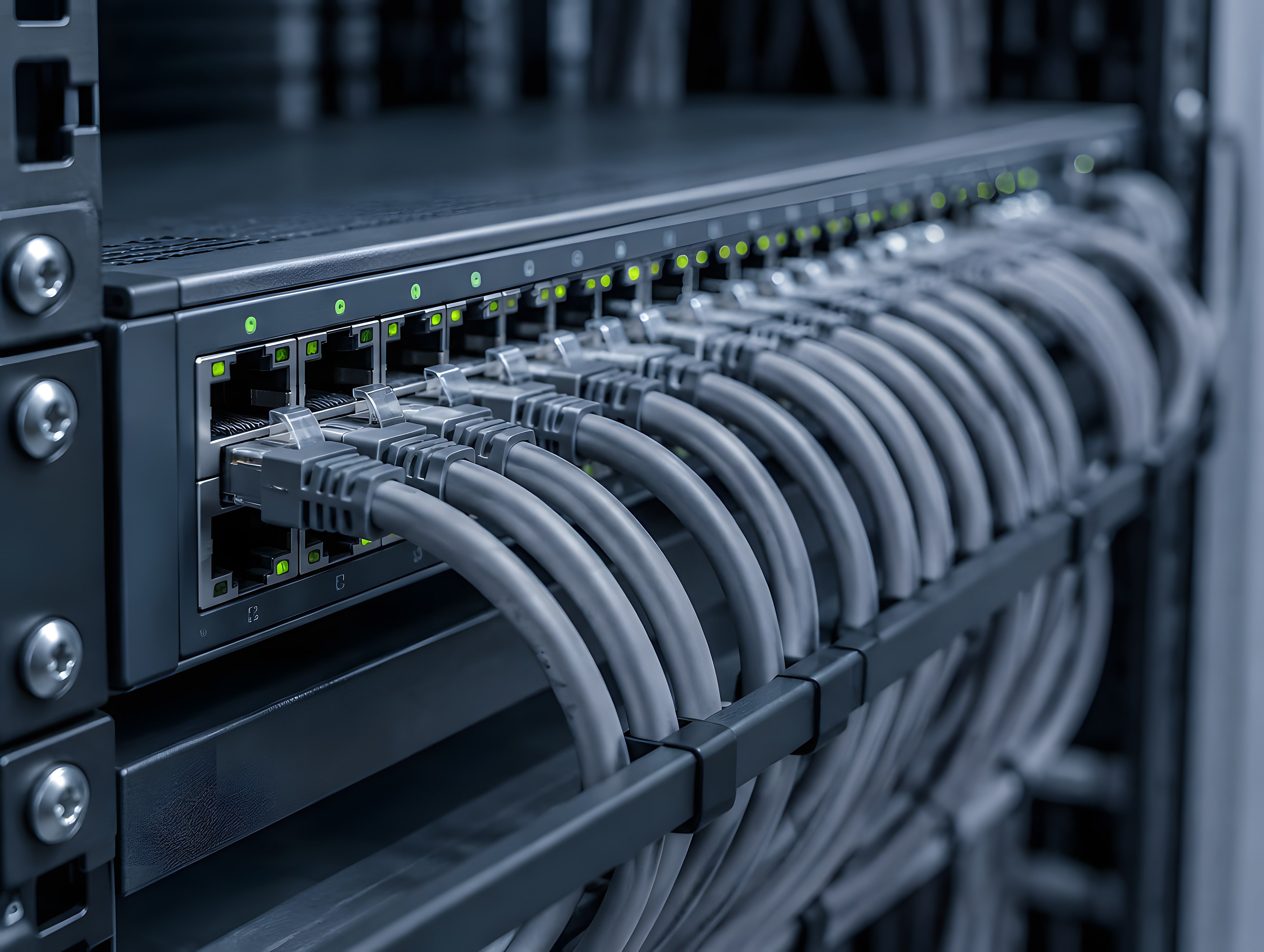 Netzwerk-Switch mit vielen verbundenen Patchkabeln