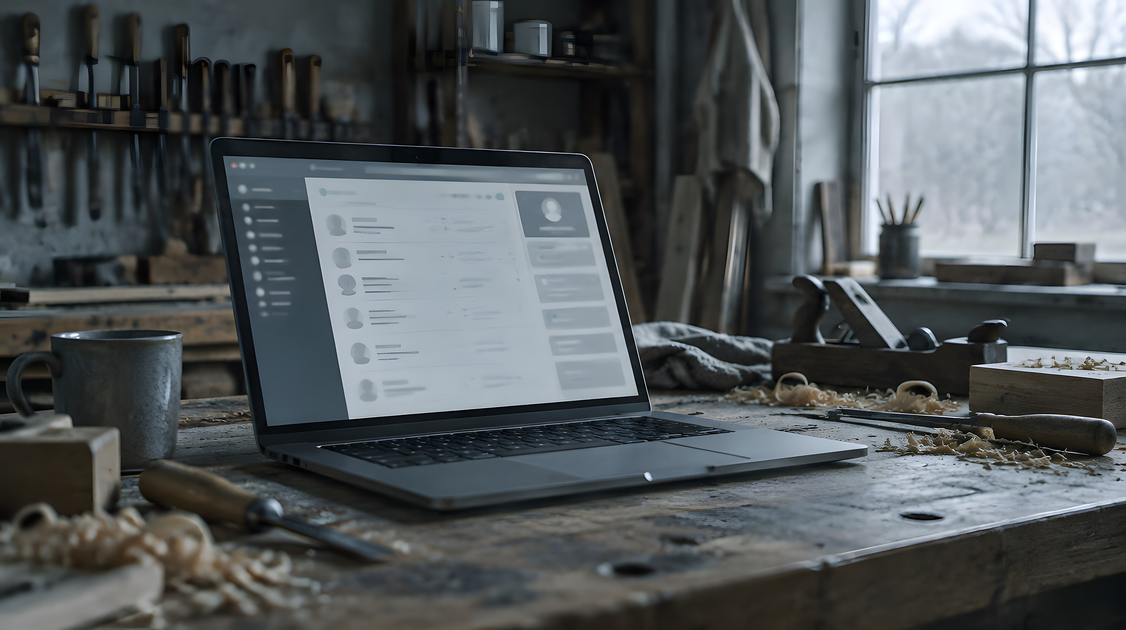 Laptop mit einer CRM-Oberfläche auf einer Werkbank
